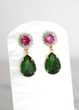 Green Pink Earrings, Green Peridot Pink Drop Earrings, Pink Green Chandelier Earrings, Green Pink Crystal Earrings, Pink Green Jewelry