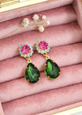 Green Pink Earrings, Green Peridot Pink Drop Earrings, Pink Green Chandelier Earrings, Green Pink Crystal Earrings, Pink Green Jewelry