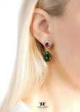 Green Pink Earrings, Green Peridot Pink Drop Earrings, Pink Green Chandelier Earrings, Green Pink Crystal Earrings, Pink Green Jewelry