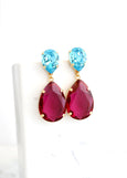 Fuchsia Pink Statement Long Earrings, Pink Turquoise Chandelier Earrings, Pink Blue Crystal Earrings, Bridal Pink Blue Long Earrings.