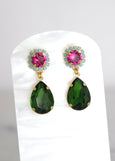 Green Pink Earrings, Green Peridot Pink Drop Earrings, Pink Green Chandelier Earrings, Green Pink Crystal Earrings, Pink Green Jewelry