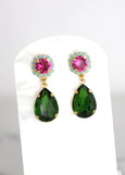 Green Pink Earrings, Green Peridot Pink Drop Earrings, Pink Green Chandelier Earrings, Green Pink Crystal Earrings, Pink Green Jewelry