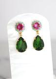 Green Pink Earrings, Green Peridot Pink Drop Earrings, Pink Green Chandelier Earrings, Green Pink Crystal Earrings, Pink Green Jewelry