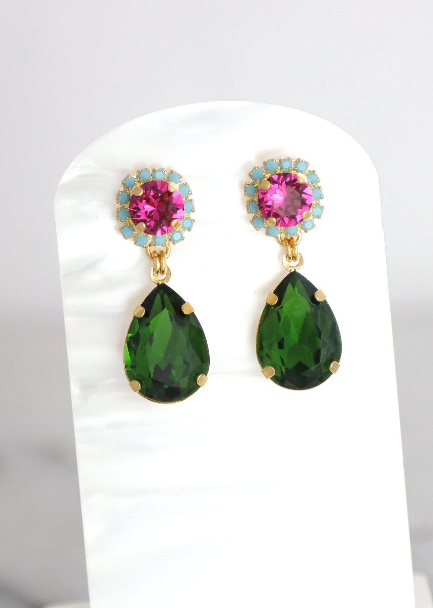 Green Pink Earrings, Green Peridot Pink Drop Earrings, Pink Green Chandelier Earrings, Green Pink Crystal Earrings, Pink Green Jewelry