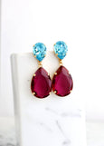 Fuchsia Pink Statement Long Earrings, Pink Turquoise Chandelier Earrings, Pink Blue Crystal Earrings, Bridal Pink Blue Long Earrings.