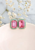 Pink Stud Earrings, Rose Pink Blue Crystal Earrings, Blue Pink Stud Earrings, Pink Crystal Earrings, Gift for her, Octagon Crystal Earrings