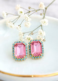 Pink Stud Earrings, Rose Pink Blue Crystal Earrings, Blue Pink Stud Earrings, Pink Crystal Earrings, Gift for her, Octagon Crystal Earrings
