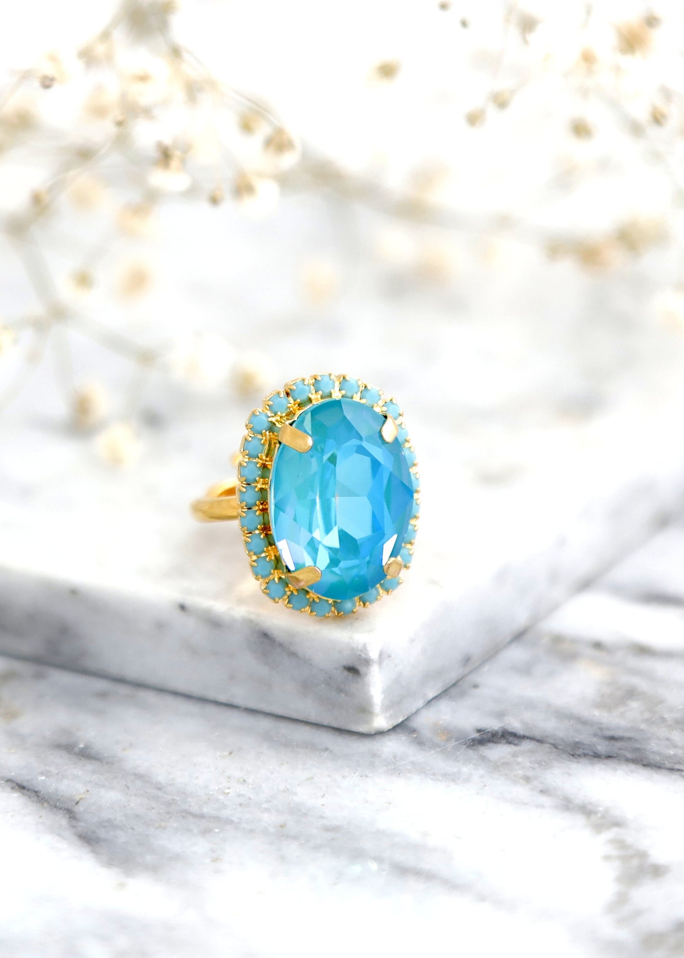 Blue Turquoise Ring, Blue Crystal Cocktail Ring, Blue Lagoon Statement Crystal Ring, Blue Adjustable Crystal Ring, Turquoise Oval Ring