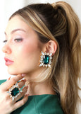 Emerald Statement Crystal Earrings, Emerald Green Crystal Earrings, Bridal Dark Green Oversize Earrings, Emerald Bridal Stud Big Earrings