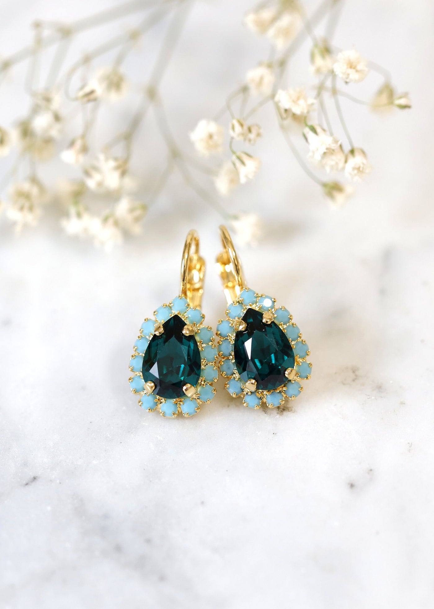 Emerlad Crystal Drop Earrings, Blue Green Crystal Bridal Lever Back Earrings, Bridesmaids Earrings, Green Emerlad Drop Crystal Earrings