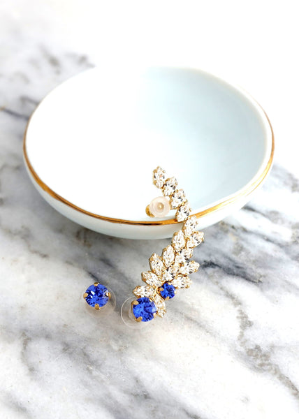 Sapphire Blue Climber Earrings, Royal Blue Ear cuff earrings, Bridal Blue Climber Crystal Earrings, Sapphire Ear Climber Earrings.