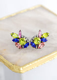 Multi Color Cluster Earrings, Bridal Blue Green Bridal Earrings, Green Pink Climbing Earrings, Multi Color Crystal Cluster Stud Earrings
