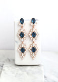 Blue Navy Long Crystals Earrings, Blue Navy Bridal Chandelier Earrings, Navy Blue Statement Bridal Earrings, Sapphire Blue Long Earrings