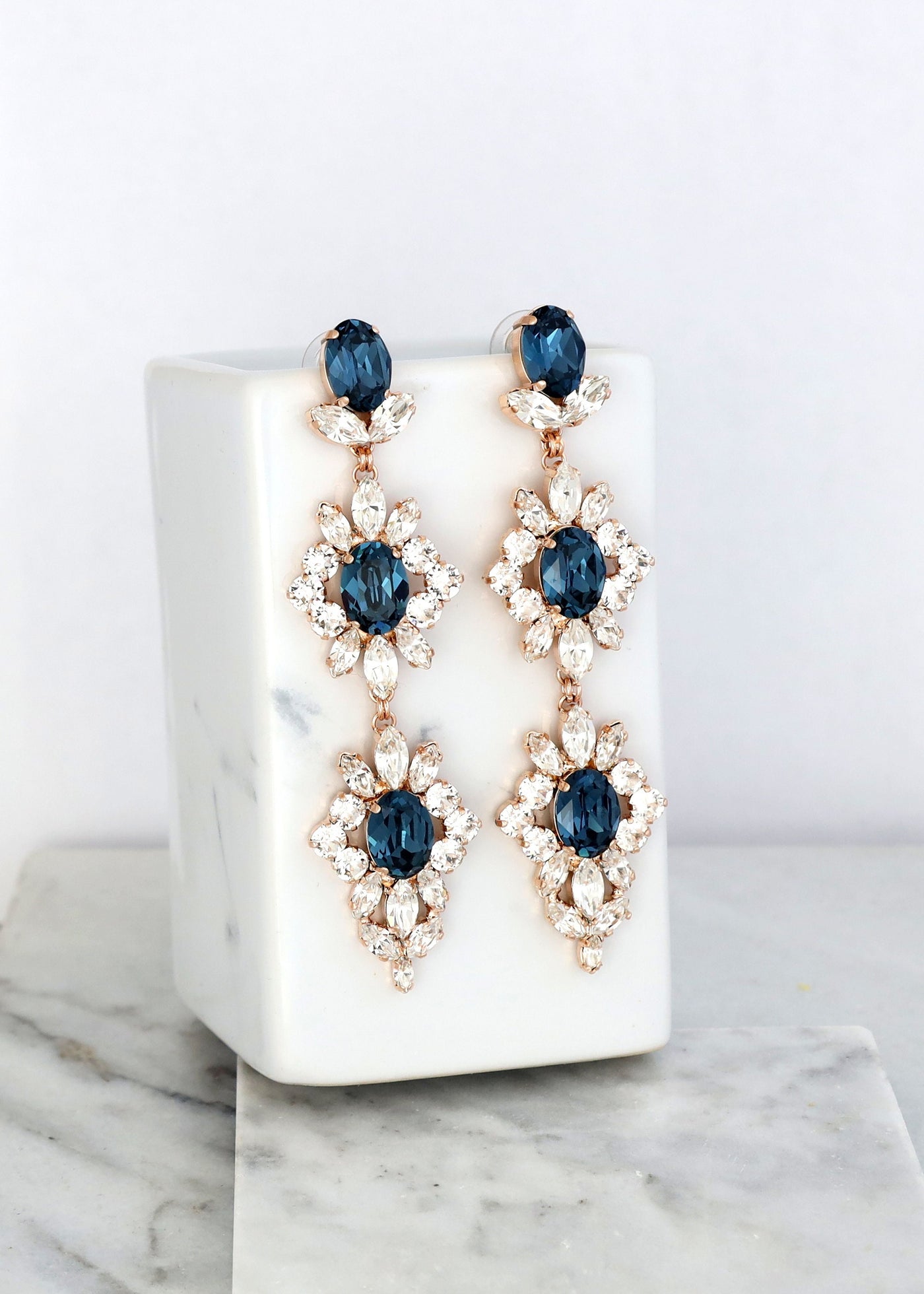 Blue Navy Long Crystals Earrings, Blue Navy Bridal Chandelier Earrings, Navy Blue Statement Bridal Earrings, Sapphire Blue Long Earrings