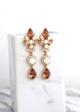 Bridal Blush Chandeliers, Blush Crystal Drop Chandelier, Blush Rose Earrings, Bridal Rose Gold Earrings, Bridal Long Crystal Earrings