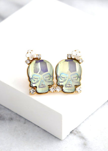 Skull Earrings, Sugar Skull Earrings, Icy Blue Skull Studs, Gothic Bride Jewelry, Rock N Roll Bride Earrings, Halloween Jewelry