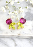 Pink Green Earrings, Bridal Fuchis Pink Stud Earrings, Green Pink Stud Earrings, Bridesmaids Pink Earrings, Pink Fuchsia Crystal Earrings