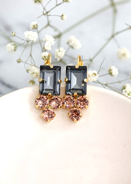 Gray Blush Earrings, Blush Gray Crystal Drop Earrings, Crystal Gray Earrings, Bridal Gray Blush Rose Crystal Earrings, Handmade Earrings
