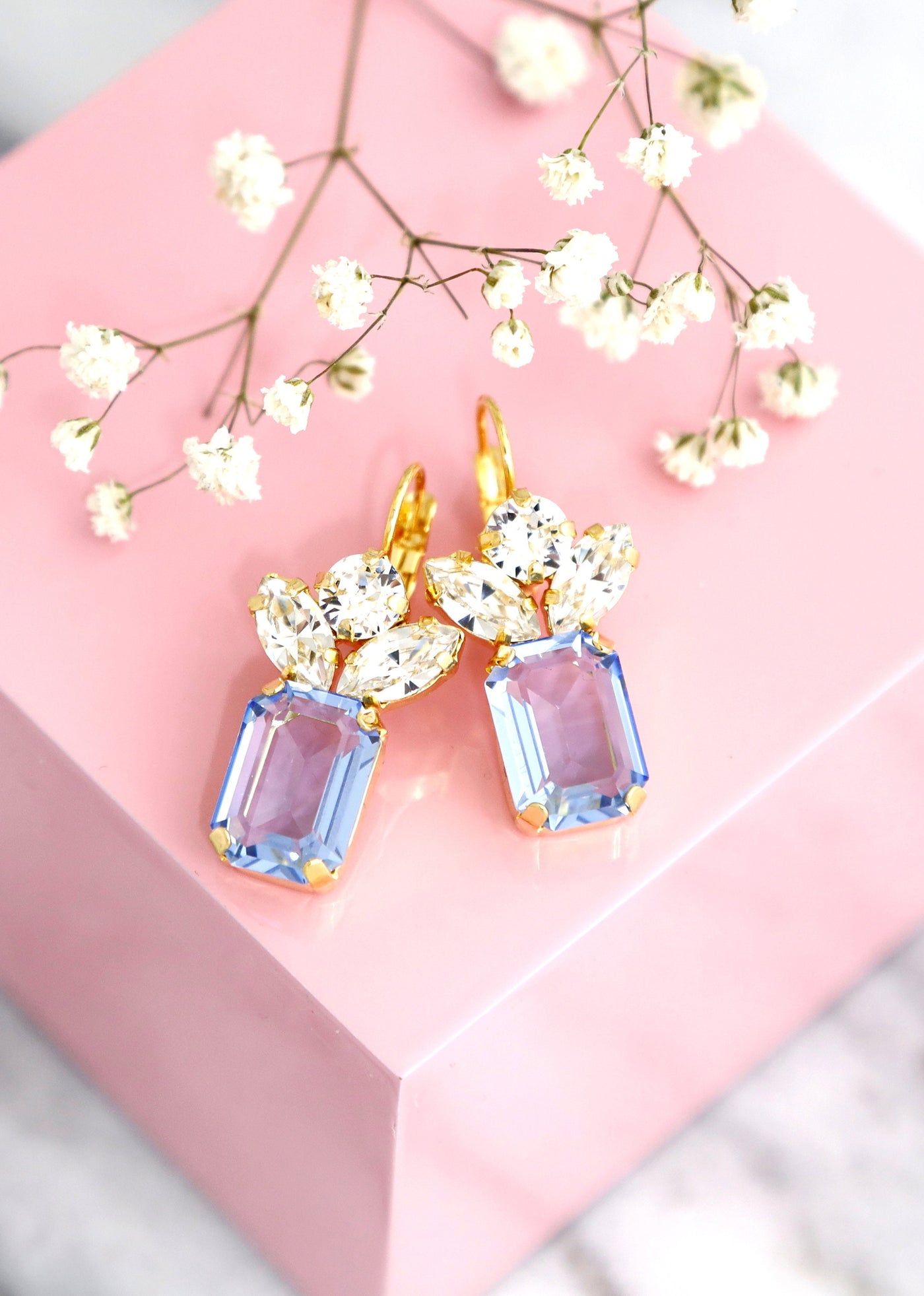 Blue Aquamarine Crystal Drop Earrings, Light Blue Drop Earrings, Emerald Cut Earrings, Gift For Her, Bridal Aqauamrine Crystal Earrings