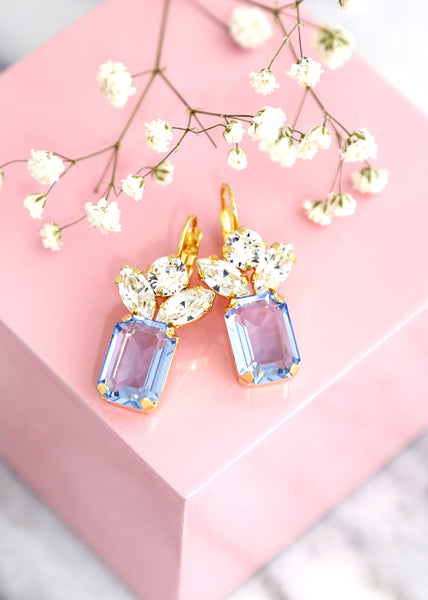 Blue Aquamarine Crystal Drop Earrings, Light Blue Drop Earrings, Emerald Cut Earrings, Gift For Her, Bridal Aqauamrine Crystal Earrings
