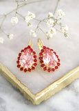 Red Pink Drop Earrings, Pink Red Bridal Earrings, Red Ruby Blush Rose Earrings, Bridesmaids Earrings, Bridal Pink Crystal Earrings,
