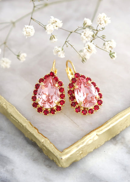 Red Pink Drop Earrings, Pink Red Bridal Earrings, Red Ruby Blush Rose Earrings, Bridesmaids Earrings, Bridal Pink Crystal Earrings,