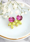 Pink Green Earrings, Bridal Fuchis Pink Stud Earrings, Green Pink Stud Earrings, Bridesmaids Pink Earrings, Pink Fuchsia Crystal Earrings
