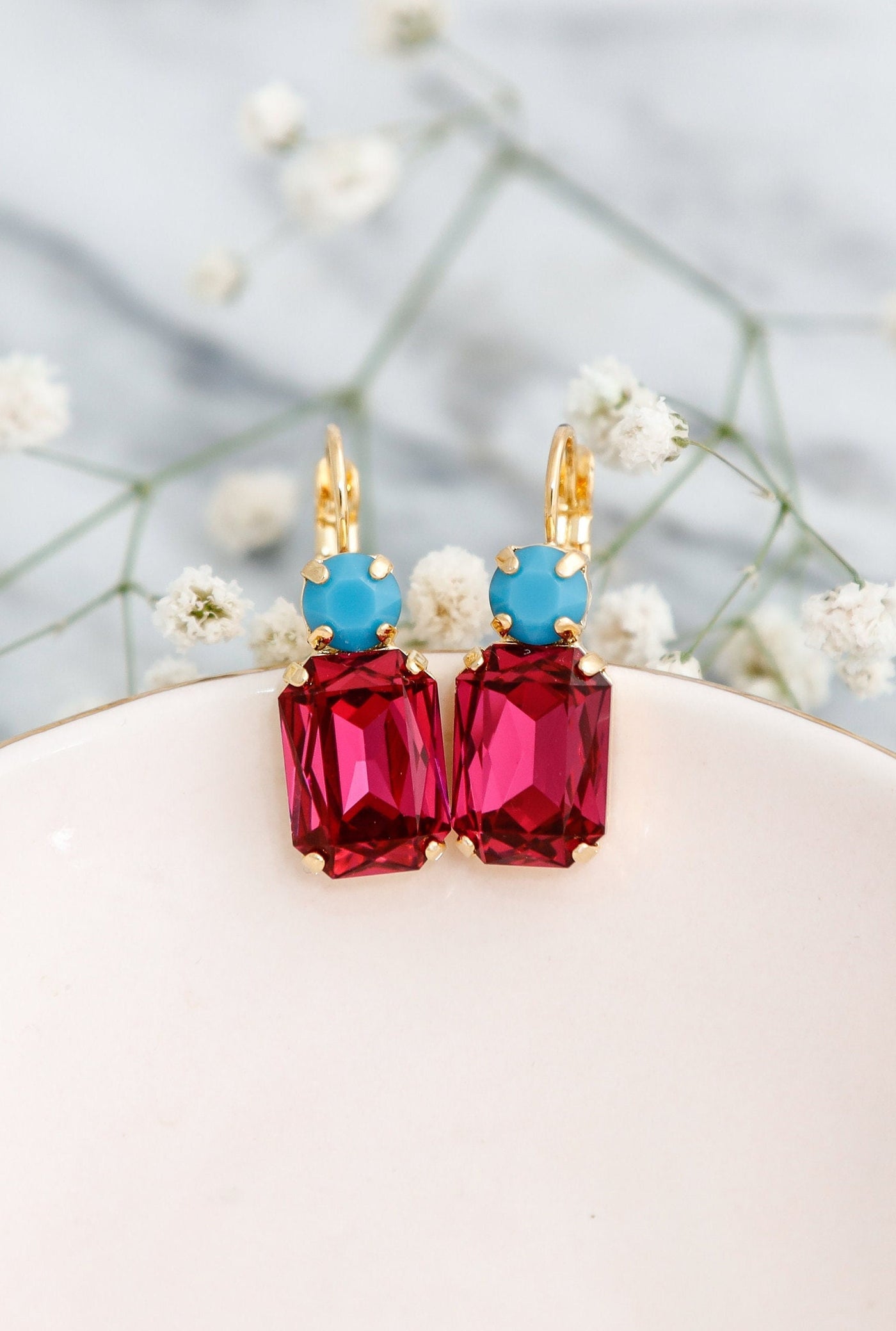 Pink Blue Drop Earrings, Fuchsia Turquoise Earrings, Fuchsia Crystal Earrings, Octagon Pink Earrings, Bridesmaids Earrings, Pink Earrings