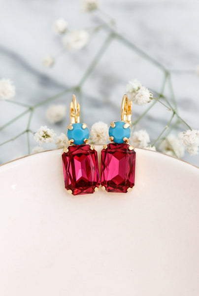Pink Blue Drop Earrings, Fuchsia Turquoise Earrings, Fuchsia Crystal Earrings, Octagon Pink Earrings, Bridesmaids Earrings, Pink Earrings