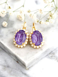 Purple Crystal Drop Crystal Earrings, Purple Violet Gold Earrings, Bridal Purple Earrings, Purple Plum Crystal Oval Earrings, Gift For Her