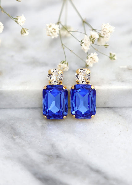 Royal Blue Earrings, Sapphire Blue Crystal Stud Earrings, Blue Emerald Cut Earrings, Blue Earrings, Bridesmaids Earrings, Gift For Her