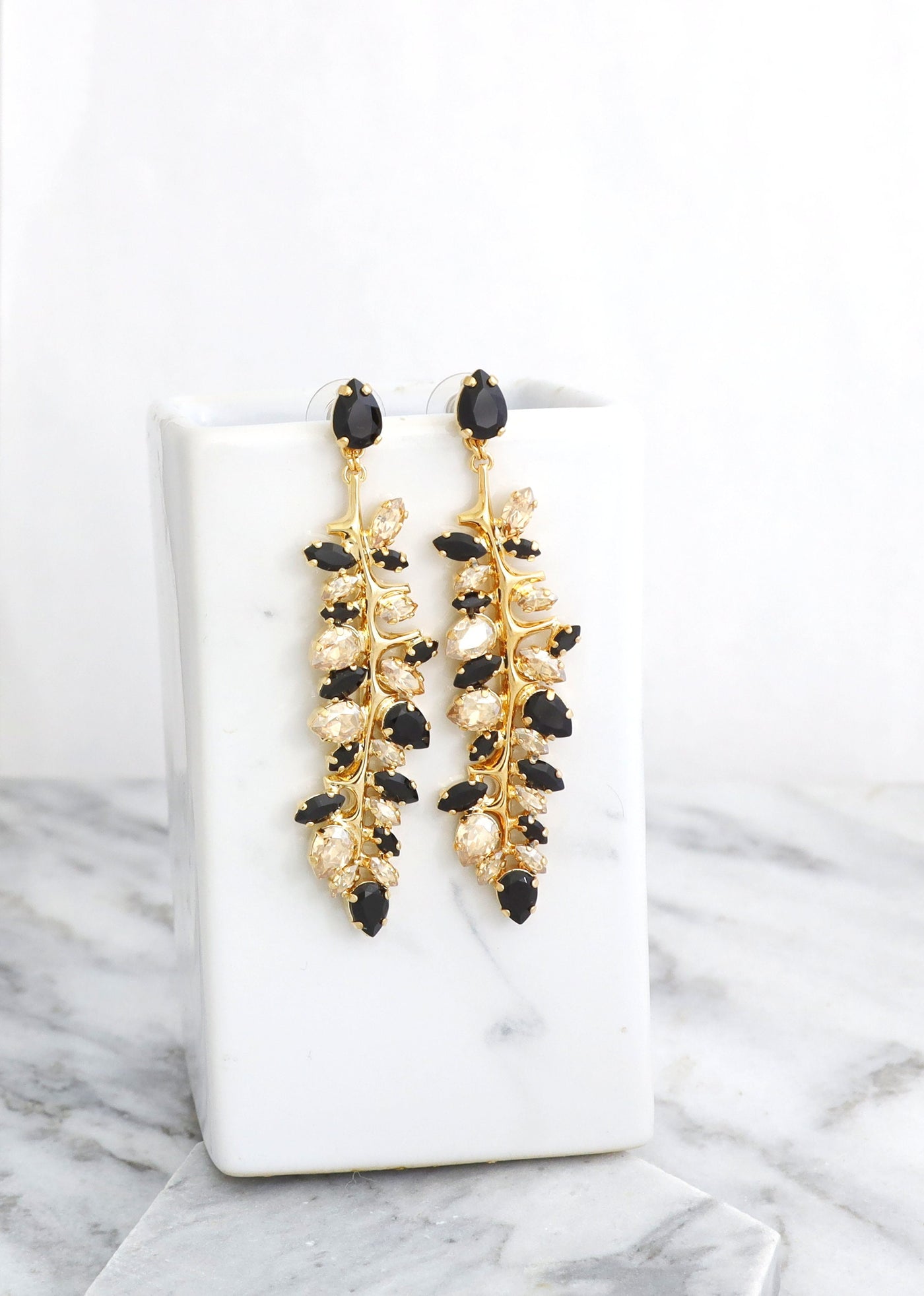 Black Gold Chandelier Earrings, Bridal Black Long Crystal Earrings, Black LONG Earrings, Black Statement Earrings, Crystal Dangle Earrings