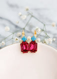 Pink Blue Drop Earrings, Fuchsia Turquoise Earrings, Fuchsia Crystal Earrings, Octagon Pink Earrings, Bridesmaids Earrings, Pink Earrings