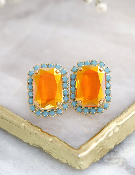 Orange Stud Earrings, Ornage Crystal Earrings, Burnt Ornage Stud Earrings, Opal Ornage Bridal Crystal Earrings, Gift for her
