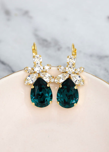 Emerlad Green Bridal Earrings, Dark Green Crystal Earrings, Bridal Emerald Earrings, Green Emerald Dangle Earrings, Green Blue Drop Earrings