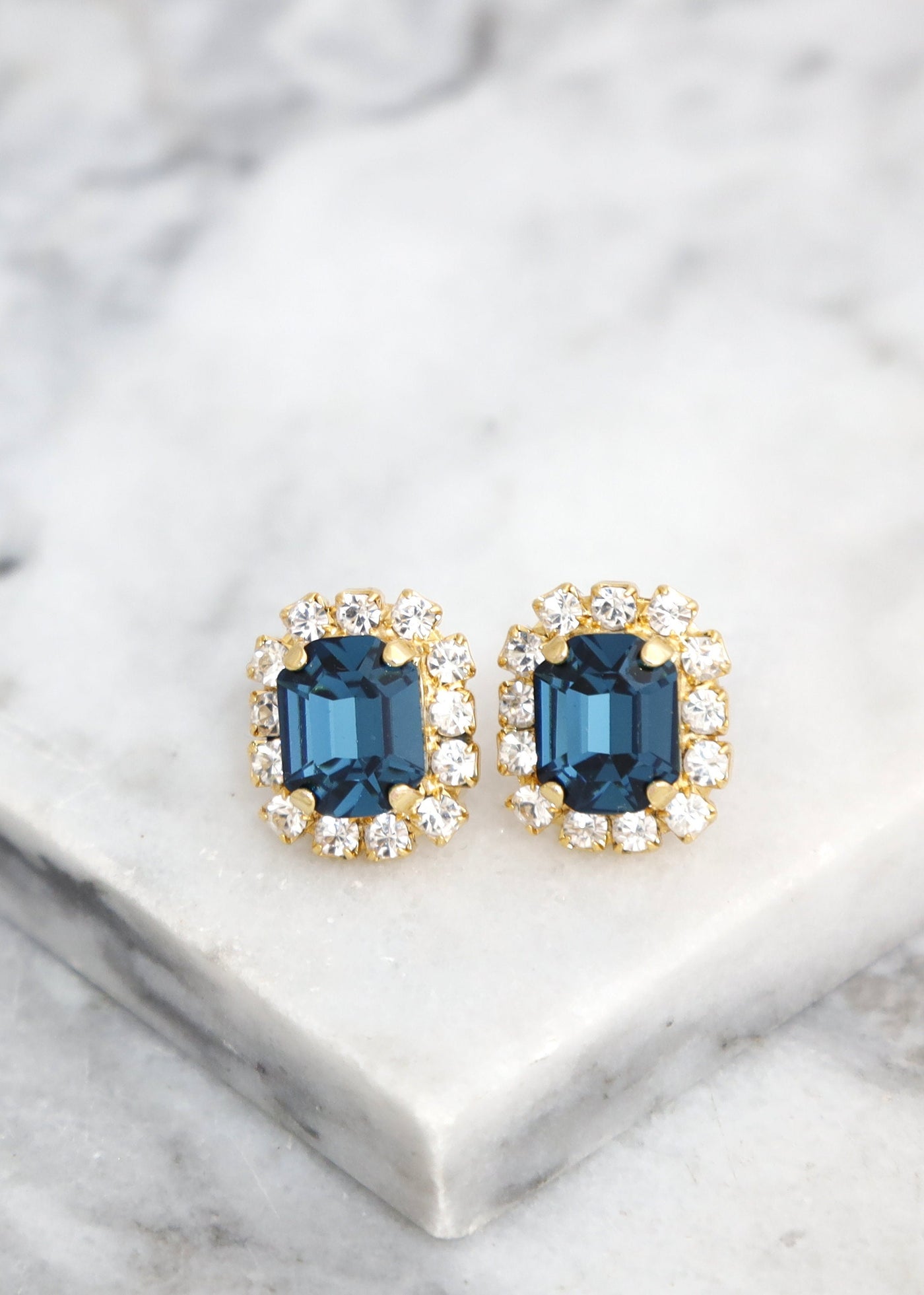 Blue Navy Crystal Stud Earrings, Navy Blue Crystal Earrings, Bridal Sapphire Blue Studs, Emerald Cut Blue Navy Bridal Earrings, Blue Studs