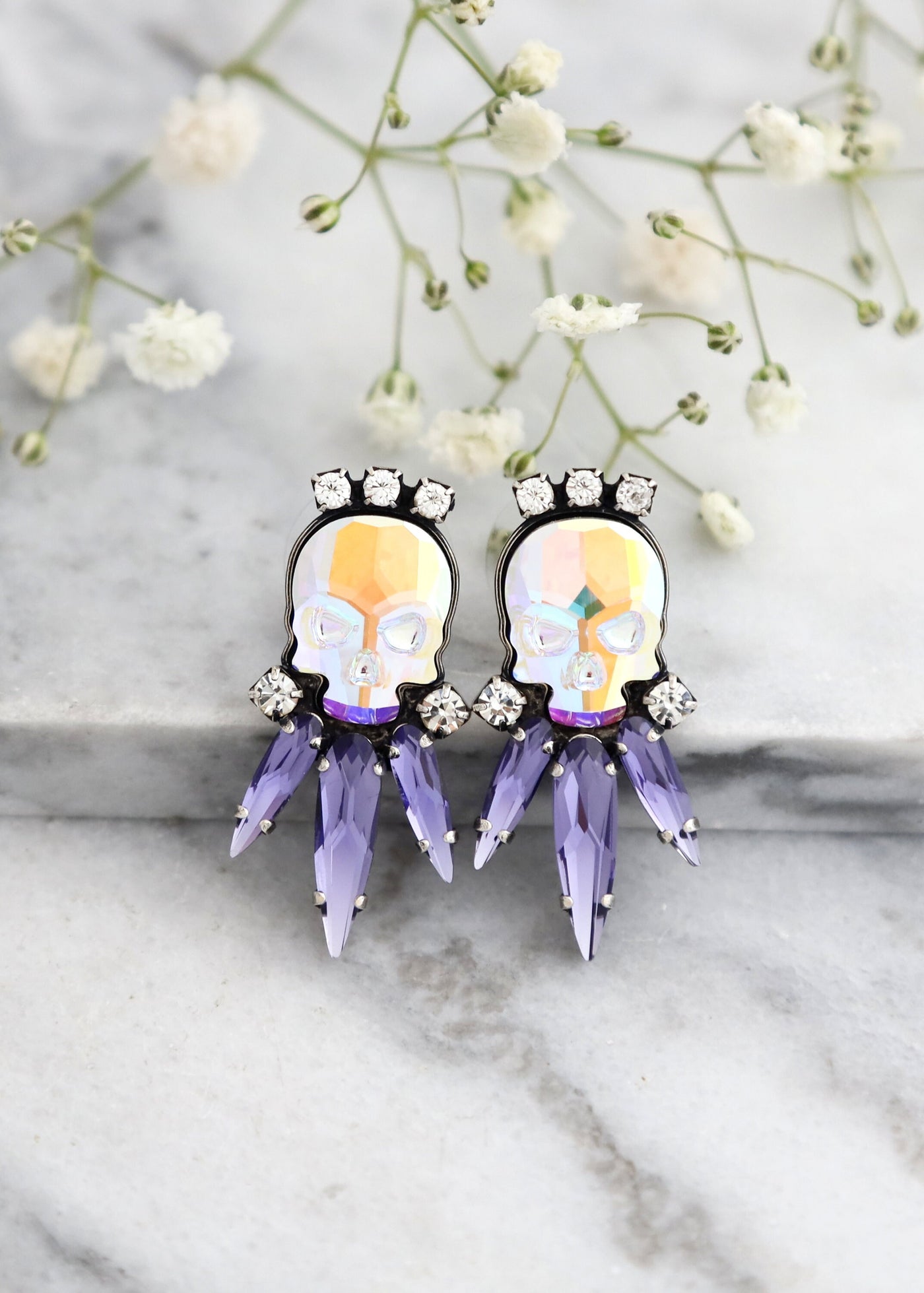 Skull Earrings, Sugar Skull Earrings, Skull Purple Stud Earrings, Rock N Roll Bride Earrings, Gift For Her, Gothic Bride, Purple Earrings