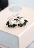 Emerald earrings,Emerald Bridal crystal earrings,Pearl cluster earrings, Emerald green earrings, Bridesmaid gift, Green Stud Earrings