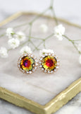 Multi Color Stud Earrings, Green Pink Gold Crystal Stud Earrings, Green Pink Classic Earrings, Brideiamds Earrings, Vitrail Medium Studs