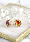 Multi Color Stud Earrings, Green Pink Gold Crystal Stud Earrings, Green Pink Classic Earrings, Brideiamds Earrings, Vitrail Medium Studs