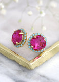 Fuchsia Crystal Stud Earrings, Fuchsia Pink Crystal Stud Earrings, Crystal Stud Magenta Earrings, Brideamid Gifts, Gift For Her