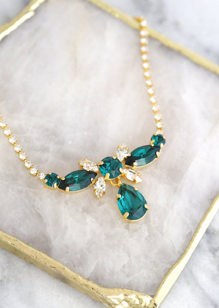 Emerald Crystal Necklace, Bridal Green Emerald Crystal Necklace, Emerald Green Necklace, Bridal Dark Green Necklace, Emerald Necklace