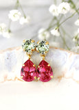 Green Pink Chandelier Earrings, Bridal Pink Green Drop Swarovski Earrings, Bridesmaids Gifts,Pink Crystal Dangle Drop Earrings, Gift For Her