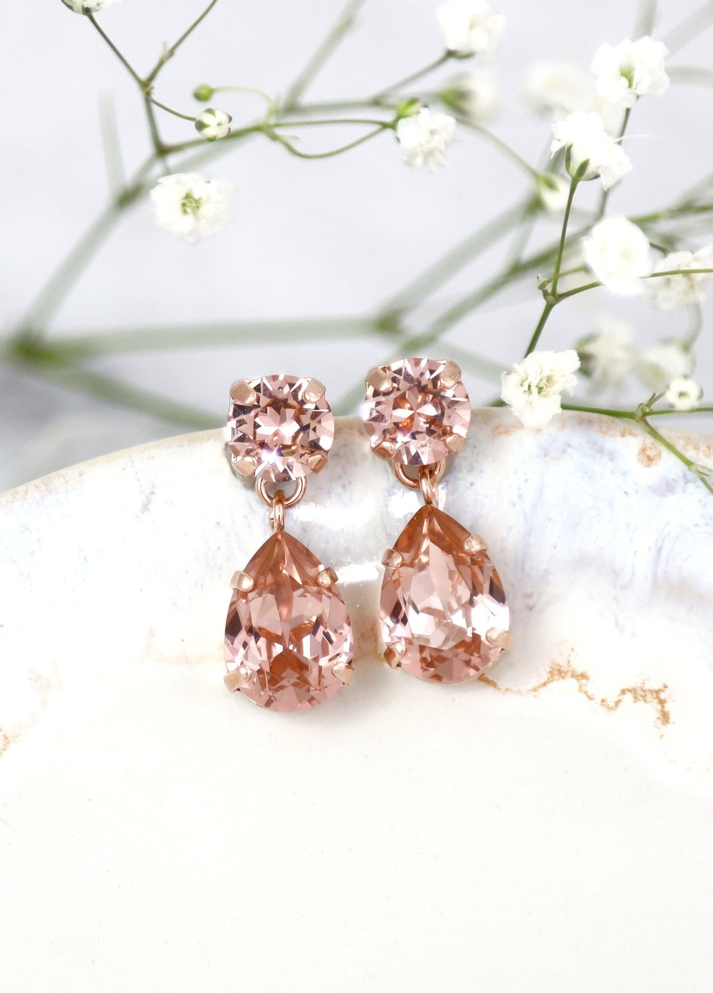 Blush Pink Crystal Drop Dangle Earrings - Romantic Bridal Wedding Jewelry, Ideal Bridesmaid Gift, Classic Blush Pink Crystal Drop Earrings