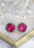 Fuchsia Crystal Stud Earrings, Fuchsia Pink Crystal Stud Earrings, Crystal Stud Magenta Earrings, Brideamid Gifts, Gift For Her