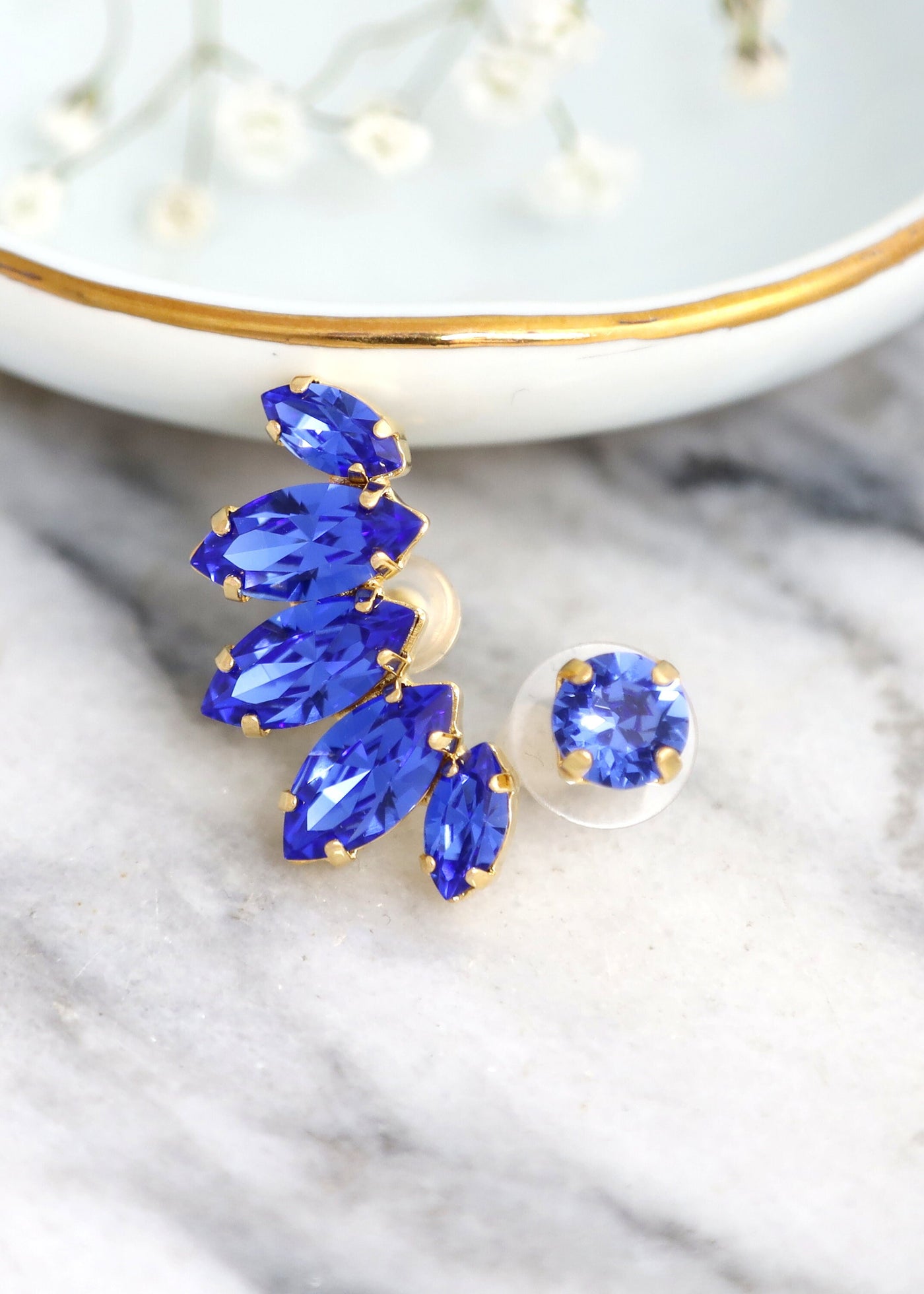 Ear Climber earrings, Blue Sapphire Climbing earrings, Blue Ear Cuff Swarovski Earrings, Blue Sapphire Ear Crawler Crystal Earrings