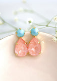 Flamingo Pink Crystal Earrings, Pink Turquoise Stud Earrings, Bridesmaids Earrings, Pink Ballet Earrings, Pink Blue Earrings, Gift For Her