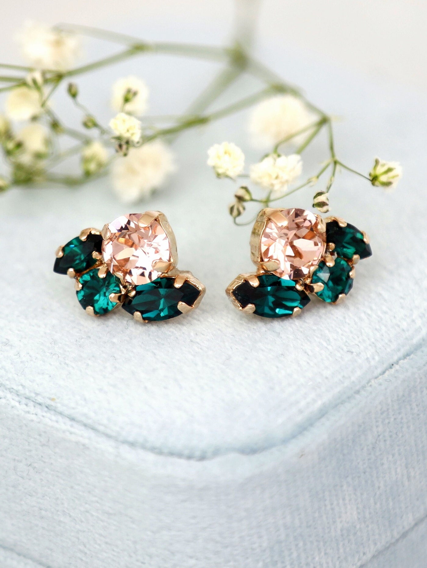 Blush Green Stud Earrings, Blush Rose Emerald Green Crystal Earrings, Bridal Green Blush Crystal Earrings, Bridesmaids Earrings,Gift For Her