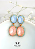 Flamingo Pink Sky Blue Earrings, Coral Blue Crystal Chandelier Crystal Earrings, Coral Peach Blue Chandelier Earrings, Swarovski Earrings