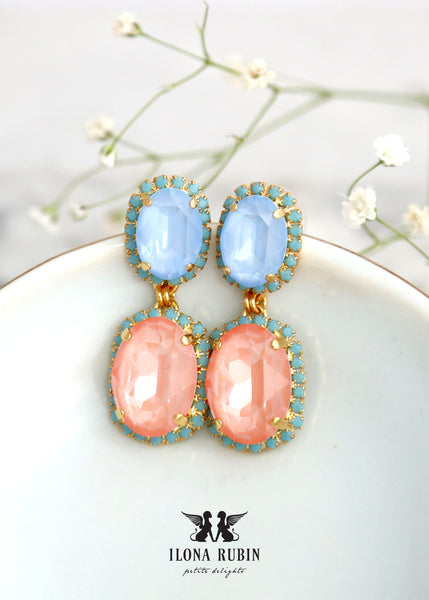 Flamingo Pink Sky Blue Earrings, Coral Blue Crystal Chandelier Crystal Earrings, Coral Peach Blue Chandelier Earrings, Swarovski Earrings